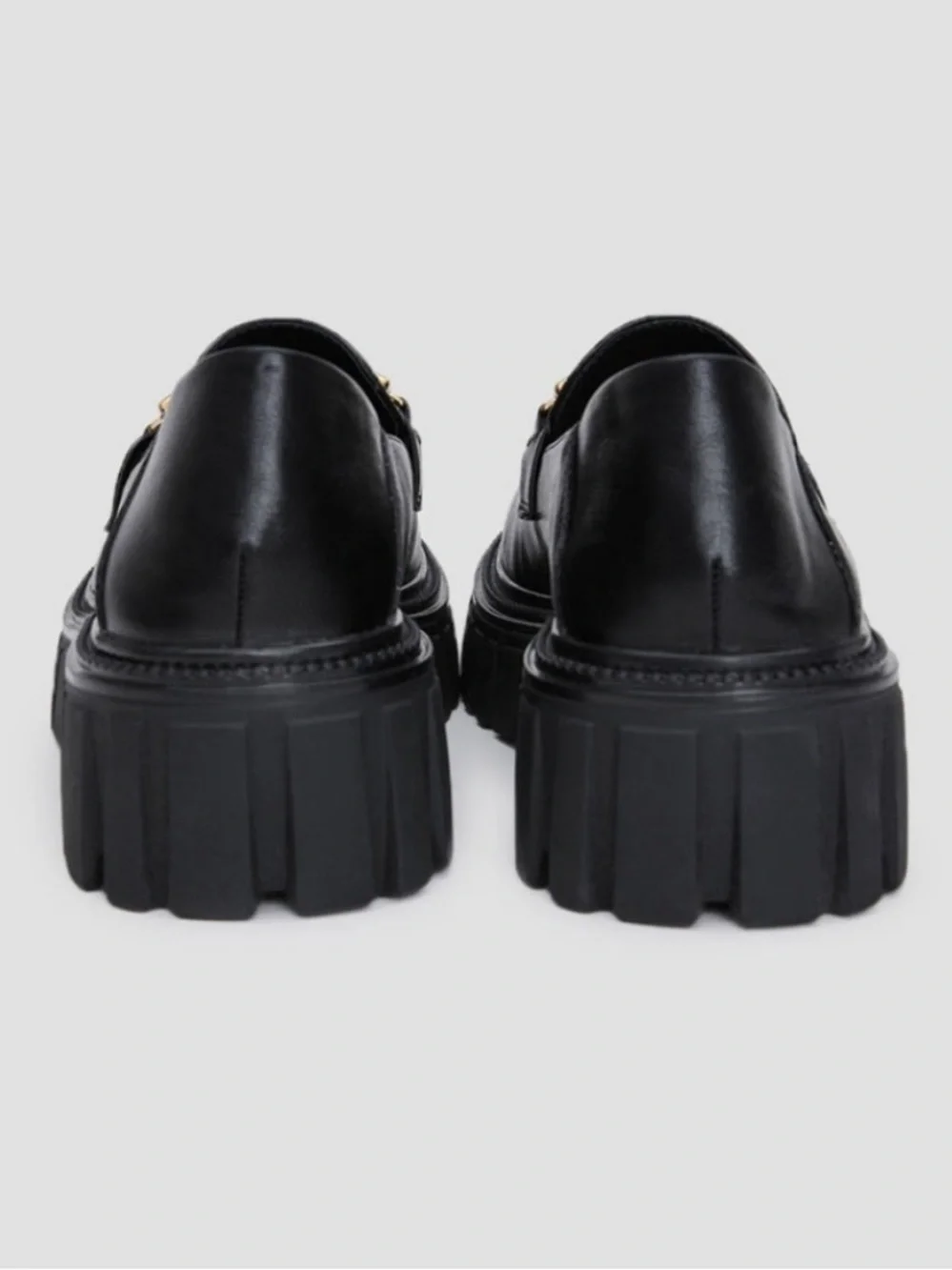 Black Leather Lug-Sole Loafers with Gold Chain Accent